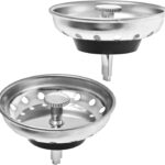 Two silver Hilltop Products kitchen sink strainers and stoppers, made of stainless steel with a black plastic knob, shown in 