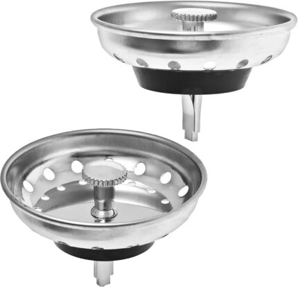 Two silver Hilltop Products kitchen sink strainers and stoppers, made of stainless steel with a black plastic knob, shown in