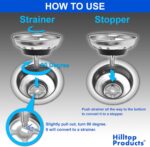 Two silver Hilltop Products kitchen sink strainers and stoppers, made of stainless steel with a black plastic knob, shown in