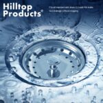 Two silver Hilltop Products kitchen sink strainers and stoppers, made of stainless steel with a black plastic knob, shown in