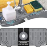 Grey BFONS silicone faucet handle drip catcher and drying tray mat with spaces for sponge and soap, placed on a kitchen count