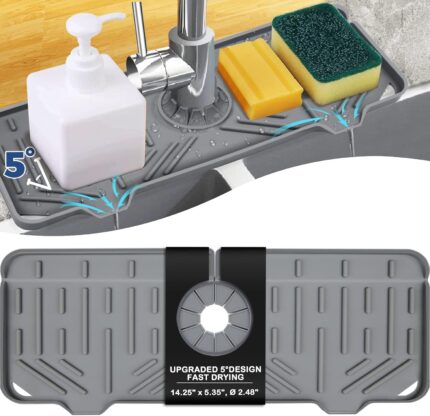 Grey BFONS silicone faucet handle drip catcher and drying tray mat with spaces for sponge and soap, placed on a kitchen count