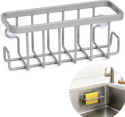 Silver rustproof aluminum sink caddy with two side hooks, holding a sponge and a brush, attached to a stainless steel sink.