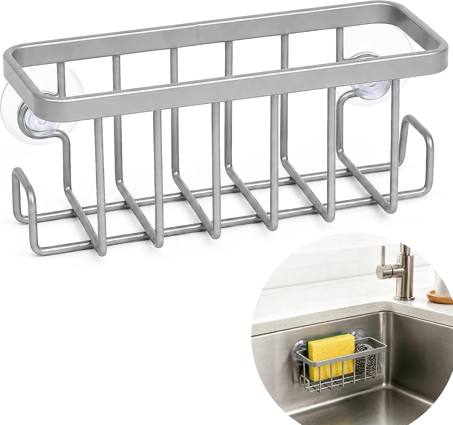 discount-parts-direct-rustproof-aluminum-sink-caddy-with-suction-cup-silver-01 Silver rustproof aluminum sink caddy with two side hooks, holding a sponge and a brush, attached to a stainless steel sink.