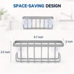 Silver rustproof aluminum sink caddy with two side hooks, holding a sponge and a brush, attached to a stainless steel sink.