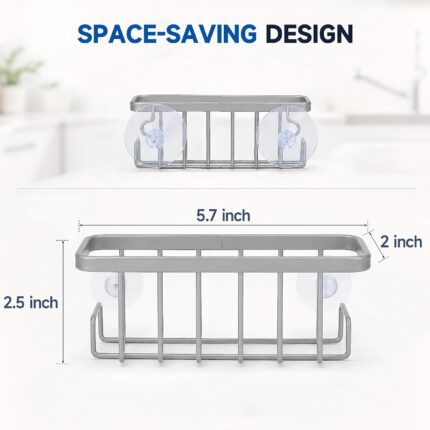 Silver rustproof aluminum sink caddy with two side hooks, holding a sponge and a brush, attached to a stainless steel sink.
