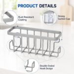 Silver rustproof aluminum sink caddy with two side hooks, holding a sponge and a brush, attached to a stainless steel sink.