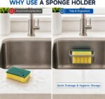 Silver rustproof aluminum sink caddy with two side hooks, holding a sponge and a brush, attached to a stainless steel sink.