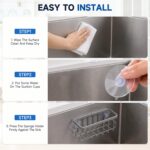 Silver rustproof aluminum sink caddy with two side hooks, holding a sponge and a brush, attached to a stainless steel sink.