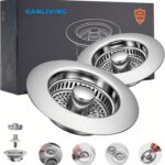 Two brushed stainless steel kitchen sink drain stoppers with pop-up strainers, shown from a top-down angle.