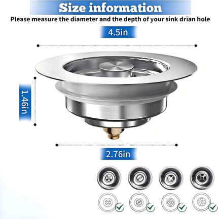 Two brushed stainless steel kitchen sink drain stoppers with pop-up strainers, shown from a top-down angle.