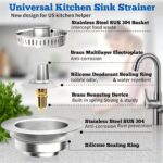 Two brushed stainless steel kitchen sink drain stoppers with pop-up strainers, shown from a top-down angle.