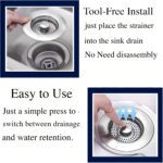 Two brushed stainless steel kitchen sink drain stoppers with pop-up strainers, shown from a top-down angle.