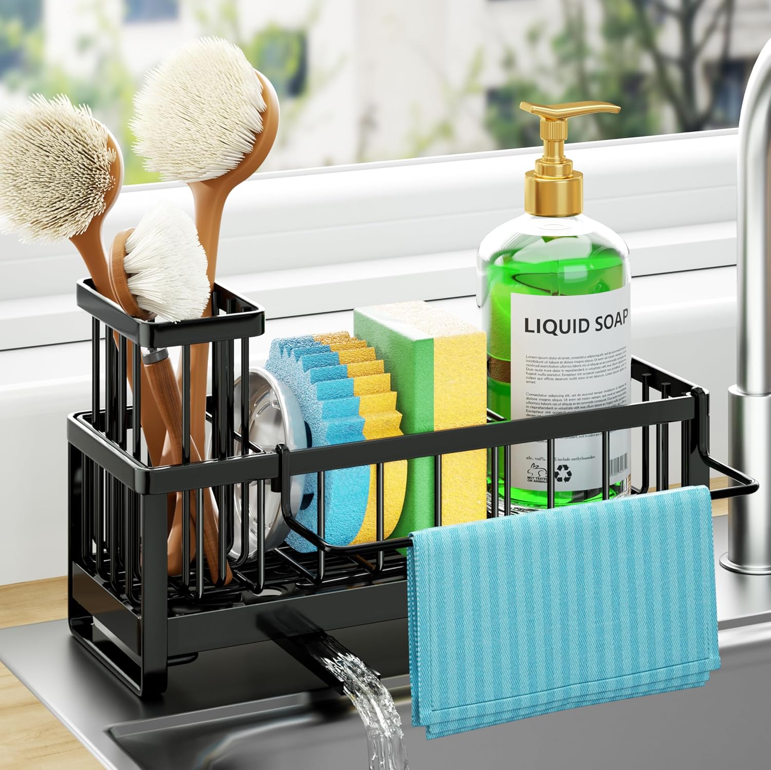 hapirm-self-draining-black-stainless-steel-sink-caddy-with-brush-dishcloth-holders-01 Black stainless steel self-draining sink caddy with compartments for sponges, brushes, and a hanging dishcloth.