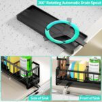 Black stainless steel self-draining sink caddy with compartments for sponges, brushes, and a hanging dishcloth.