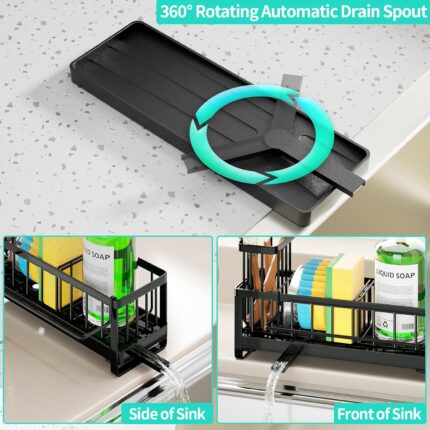 Black stainless steel self-draining sink caddy with compartments for sponges, brushes, and a hanging dishcloth.
