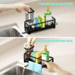 Black stainless steel self-draining sink caddy with compartments for sponges, brushes, and a hanging dishcloth.