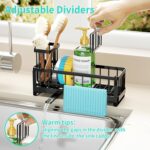 Black stainless steel self-draining sink caddy with compartments for sponges, brushes, and a hanging dishcloth.