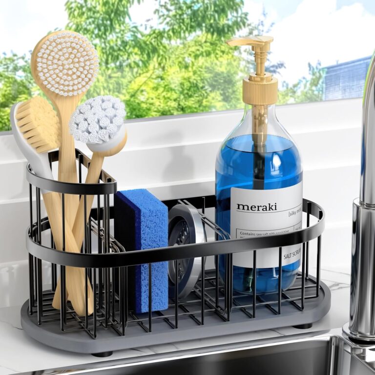 HOKEMOM Sink Caddy Kitchen Organizer with Quick-Dry Stone Mat, Black Stainless Steel