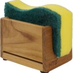 HTB Teak Wood Sponge Holder for kitchen sink, shown on a countertop with a sponge inside, natural wood finish.