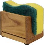 HTB Teak Wood Sponge Holder for kitchen sink, shown on a countertop with a sponge inside, natural wood finish.