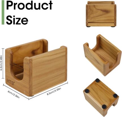 HTB Teak Wood Sponge Holder for kitchen sink, shown on a countertop with a sponge inside, natural wood finish.