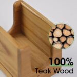 HTB Teak Wood Sponge Holder for kitchen sink, shown on a countertop with a sponge inside, natural wood finish.