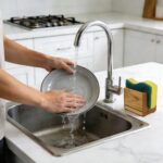 HTB Teak Wood Sponge Holder for kitchen sink, shown on a countertop with a sponge inside, natural wood finish.