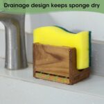 HTB Teak Wood Sponge Holder for kitchen sink, shown on a countertop with a sponge inside, natural wood finish.