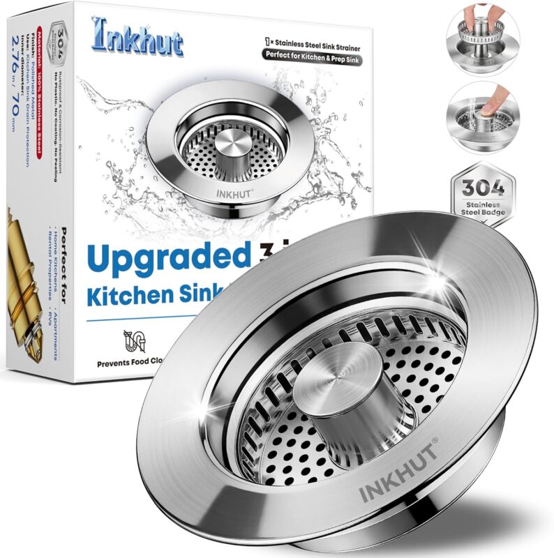 Close-up of a silver stainless steel kitchen sink drain strainer with the bounce core in open position.