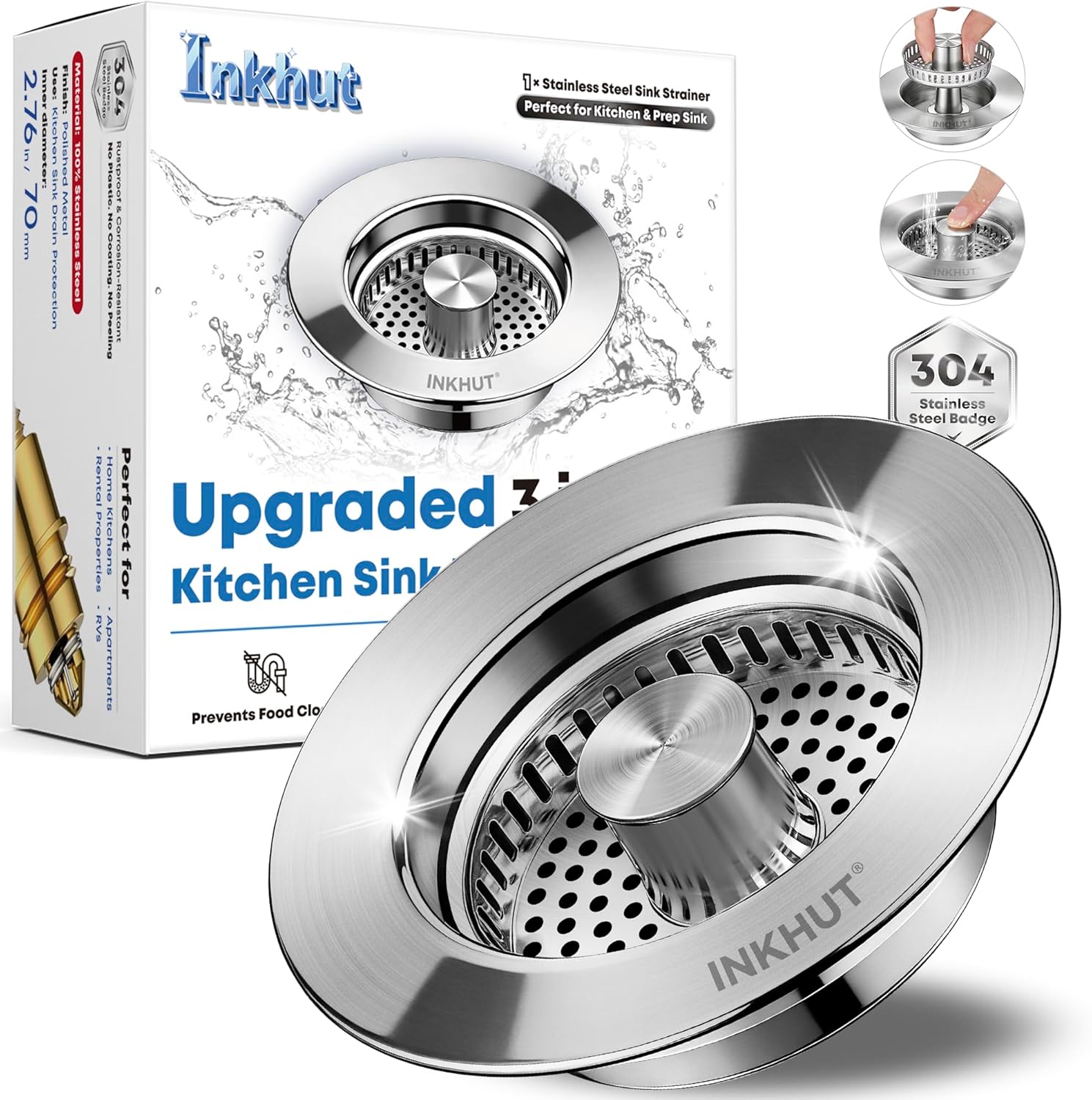 Close-up of a silver stainless steel kitchen sink drain strainer with the bounce core in open position.