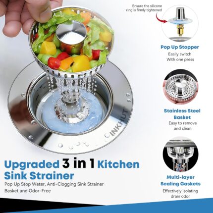 Close-up of a silver stainless steel kitchen sink drain strainer with the bounce core in open position.