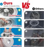 Close-up of a silver stainless steel kitchen sink drain strainer with the bounce core in open position.