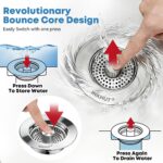 Close-up of a silver stainless steel kitchen sink drain strainer with the bounce core in open position.
