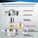 Close-up of a silver stainless steel kitchen sink drain strainer with the bounce core in open position.