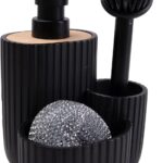 A matte black Kmass Kmaxx 3-in-1 sink caddy organizer with a soap dispenser, sponge, and dish brush holder.