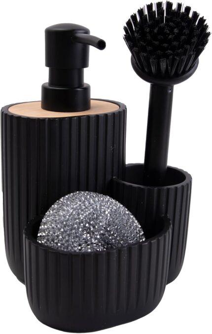 A matte black Kmass Kmaxx 3-in-1 sink caddy organizer with a soap dispenser, sponge, and dish brush holder.