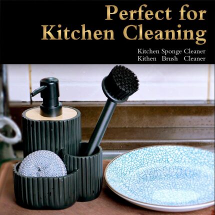 A matte black Kmass Kmaxx 3-in-1 sink caddy organizer with a soap dispenser, sponge, and dish brush holder.