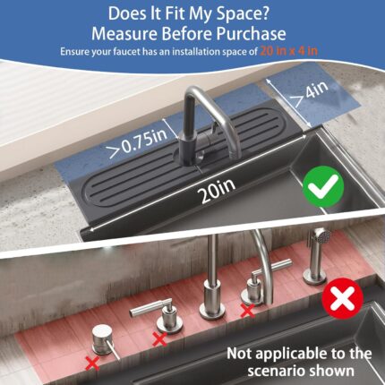 Dark gray diatomite stone faucet mat with a rectangular shape, placed around a kitchen sink faucet with items on it.