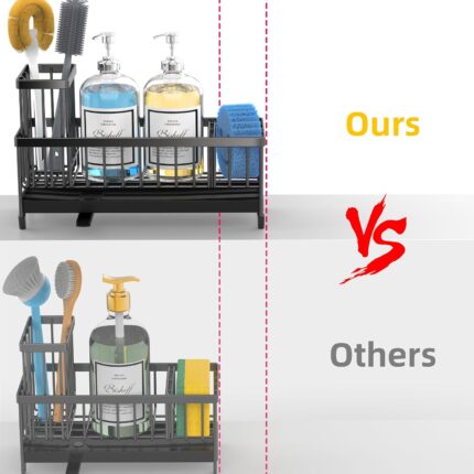 Moforoco extra large black stainless steel sink caddy with sponges, brushes, and soap dispensers organized inside.