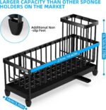 Moforoco extra large black stainless steel sink caddy with sponges, brushes, and soap dispensers organized inside.
