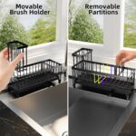 Moforoco extra large black stainless steel sink caddy with sponges, brushes, and soap dispensers organized inside.