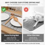 Light gray Nestive foldable diatomite stone drying mat with dishes and cups drying on a kitchen counter