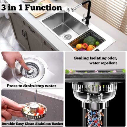 Close-up of a silver brushed stainless steel kitchen sink drain strainer with pop-up stopper in a kitchen sink.