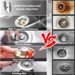 Close-up of a silver brushed stainless steel kitchen sink drain strainer with pop-up stopper in a kitchen sink.