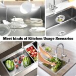 Close-up of a silver brushed stainless steel kitchen sink drain strainer with pop-up stopper in a kitchen sink.