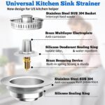 Close-up of a silver brushed stainless steel kitchen sink drain strainer with pop-up stopper in a kitchen sink.