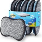 Six SCRUBIT multi-purpose microfiber kitchen sponges in gray and blue, stacked neatly on a clean surface.