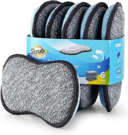 Six SCRUBIT multi-purpose microfiber kitchen sponges in gray and blue, stacked neatly on a clean surface.