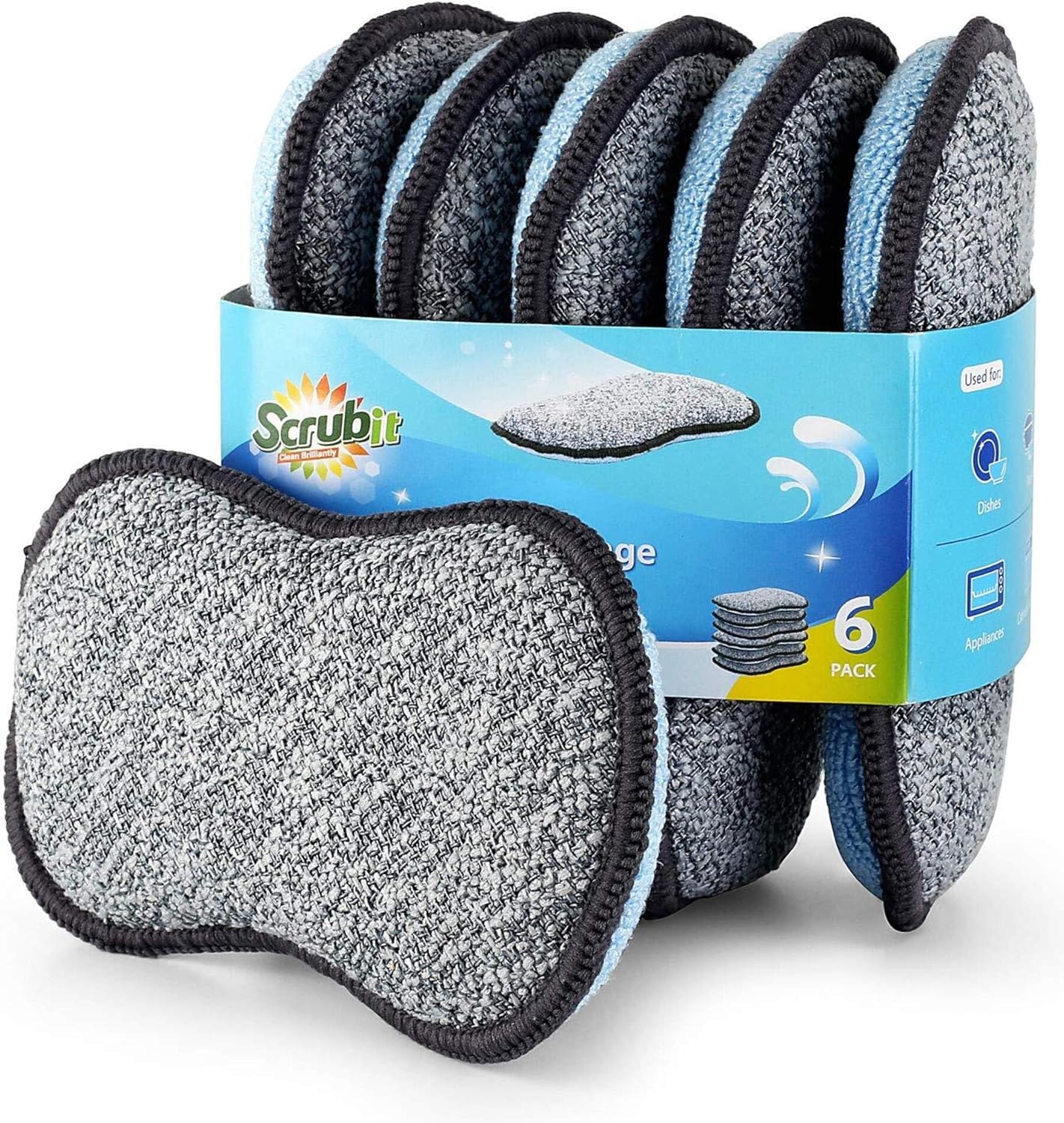 scrubit-reusable-microfiber-kitchen-sponges-for-dishes-pots-pans-6-pack-01 Six SCRUBIT multi-purpose microfiber kitchen sponges in gray and blue, stacked neatly on a clean surface.